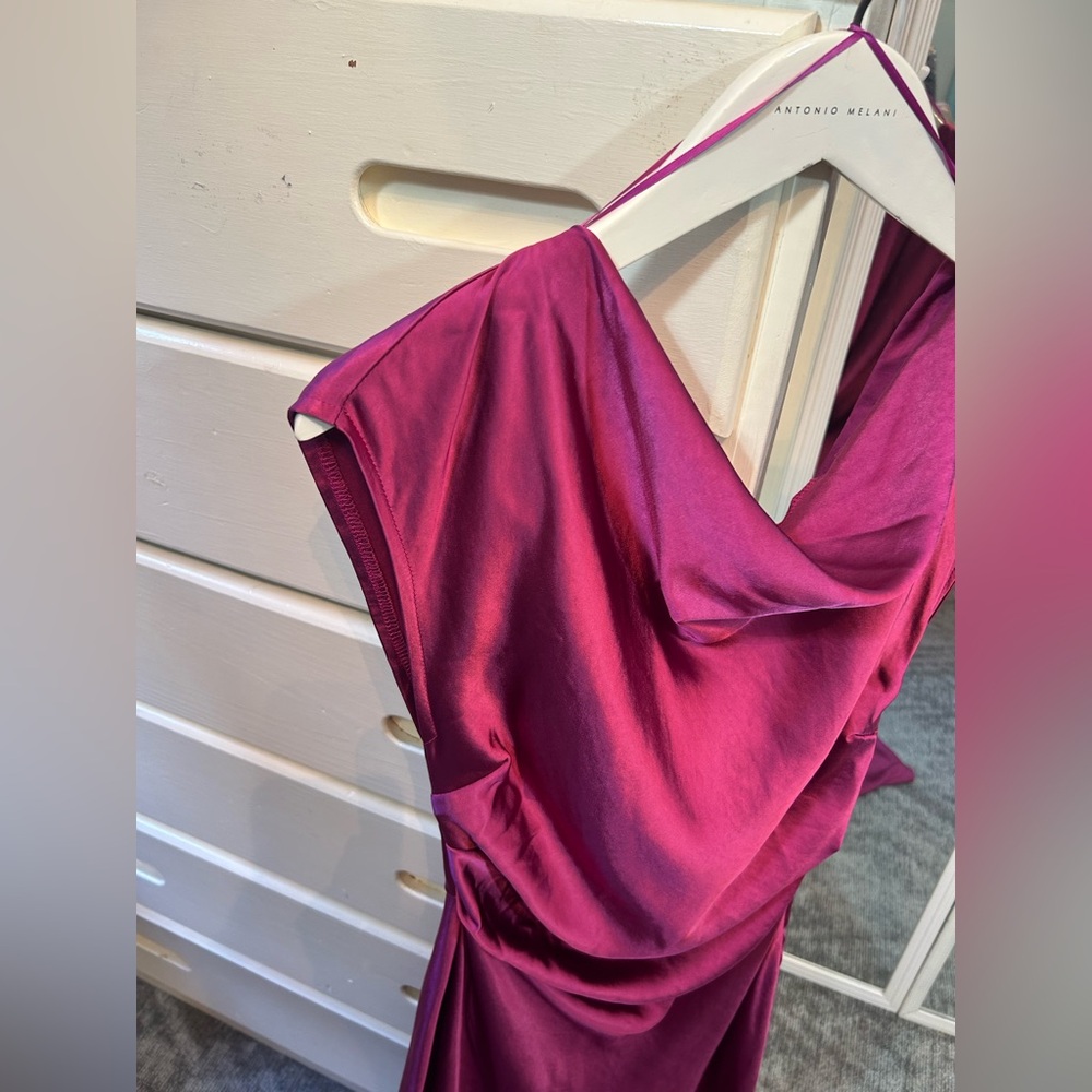 Elegant Satin Cap Sleeve Cowl Back Ruched Waist Wedding Guest Midi Dress Gown✨ - Picture 4 of 7